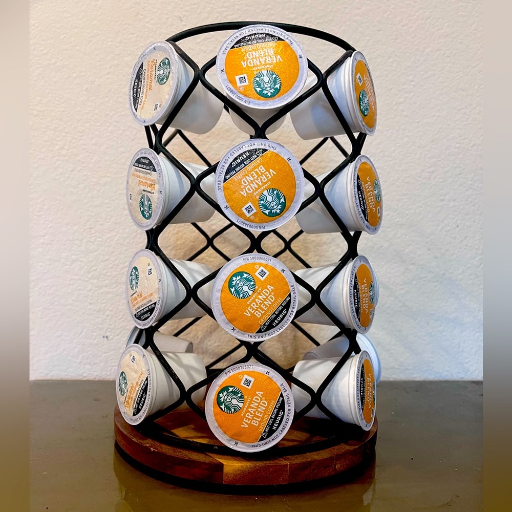 K-Cup Whirl Carousel Coffee Pod holder, 49, Black - wire and wood base.
